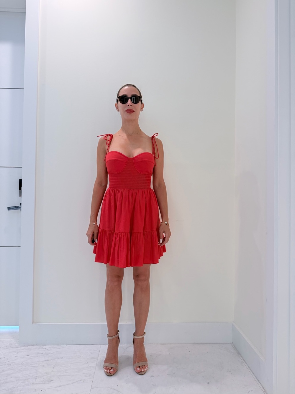 Red Cotton Mini Dress Corset Bodice Tie Straps Ruffle Hem Summer